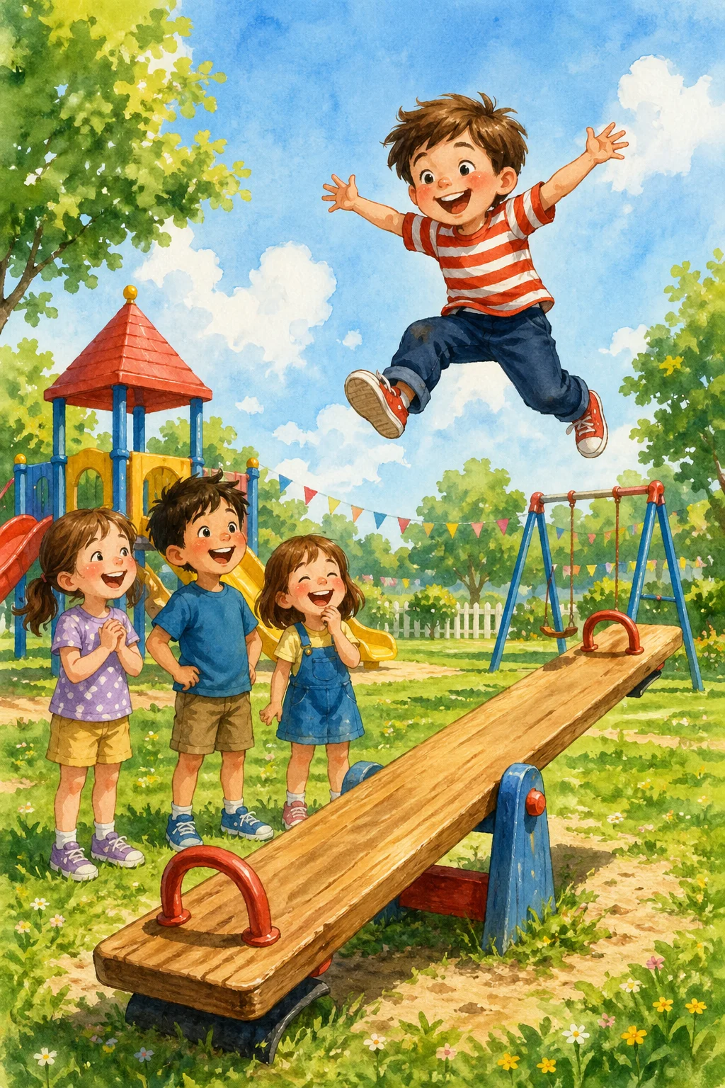 Oliver leaps off the end of a see-saw as his friends laugh and watch