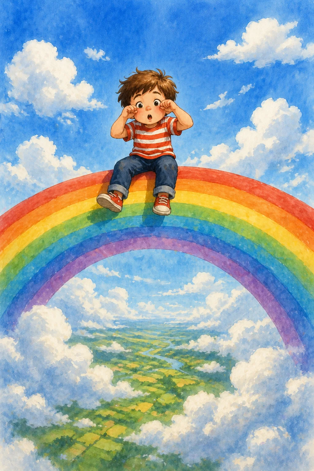 Oliver sits wide-eyed on top of a glowing rainbow high above the clouds