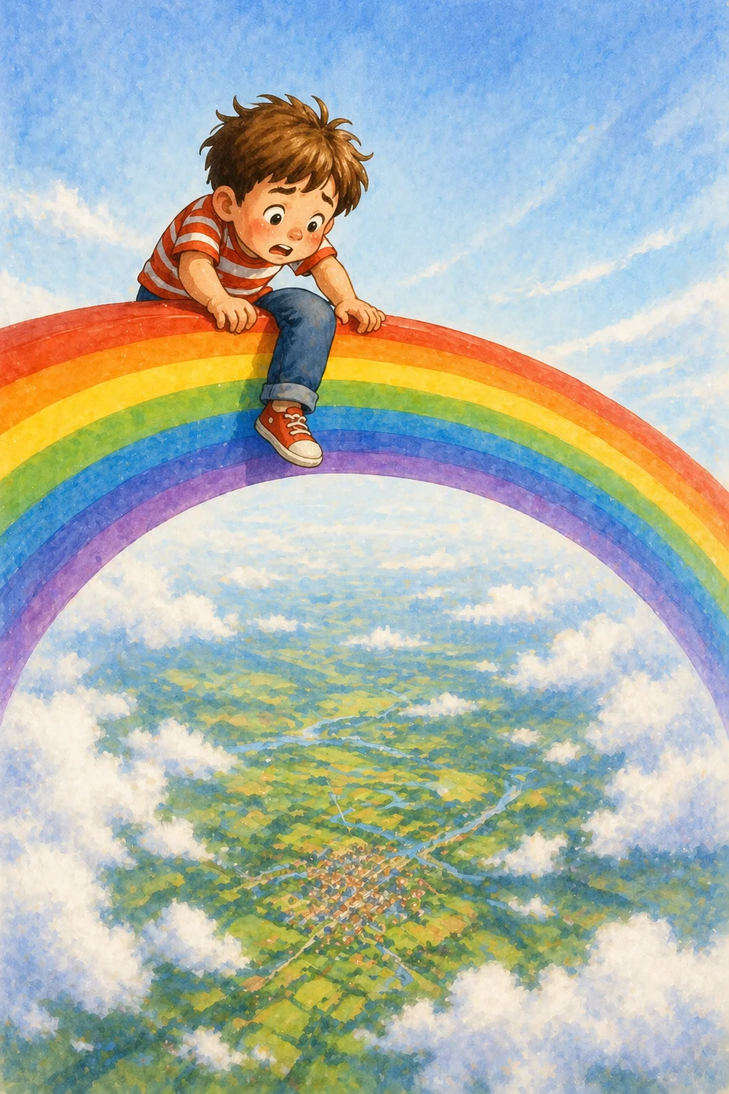 Oliver grips the rainbow tightly, peering nervously down at the tiny world far below