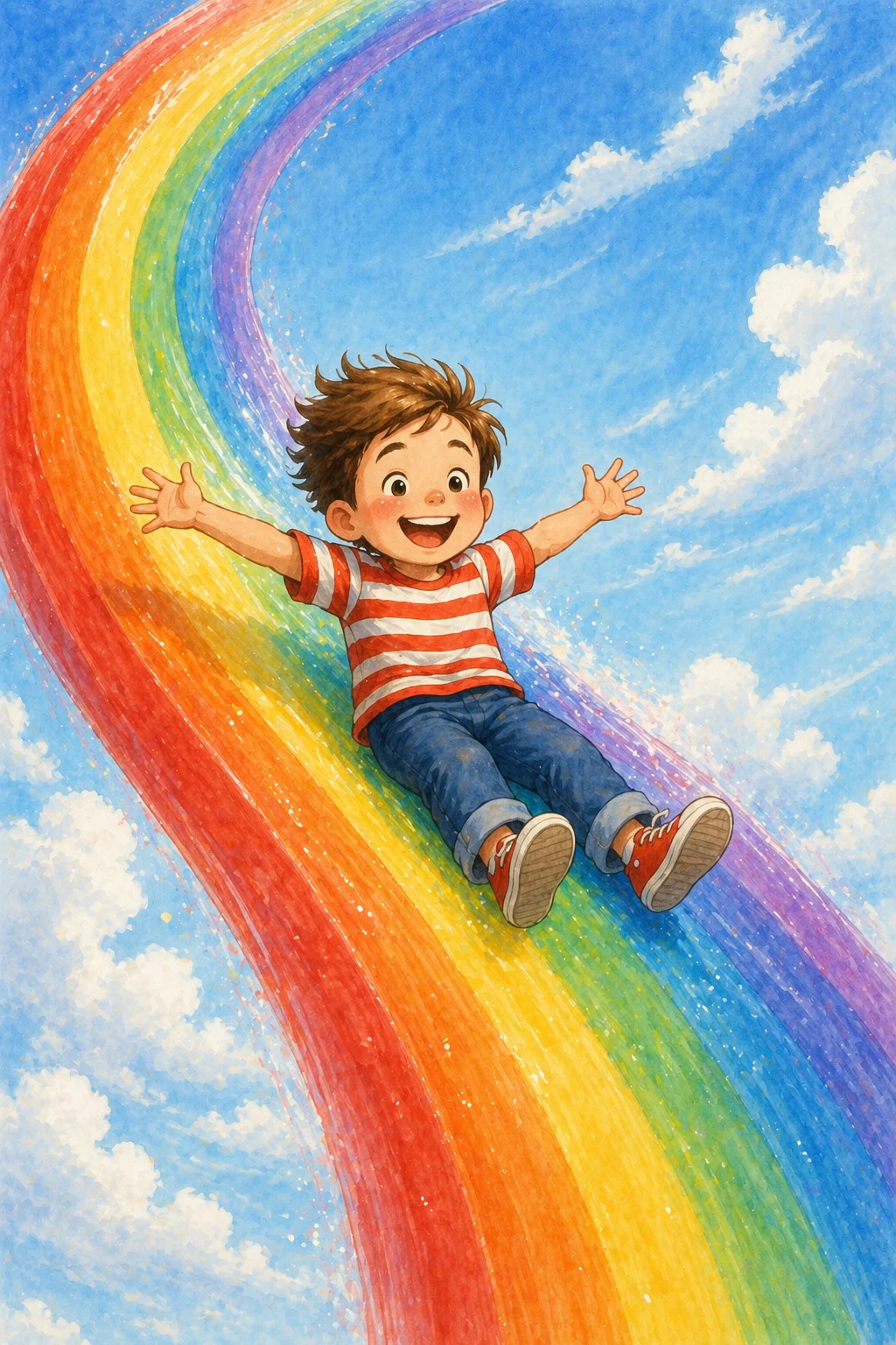 Oliver slides joyfully down the arc of the rainbow, arms wide, hair blown back by the wind