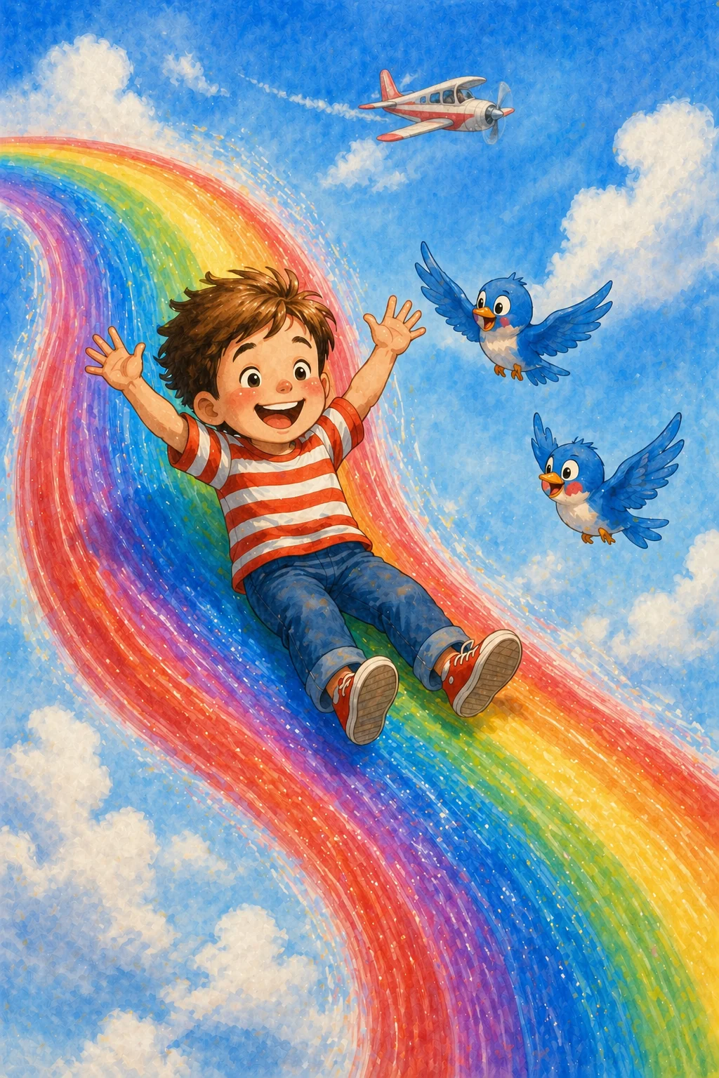 Oliver laughs and waves at two bluebirds flying alongside him on the rainbow