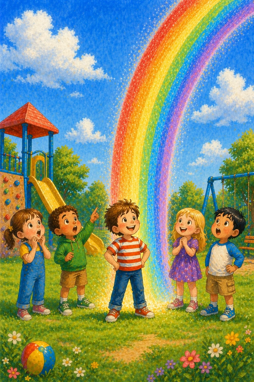 Oliver lands proudly in the playground as his friends stare up in open-mouthed amazement