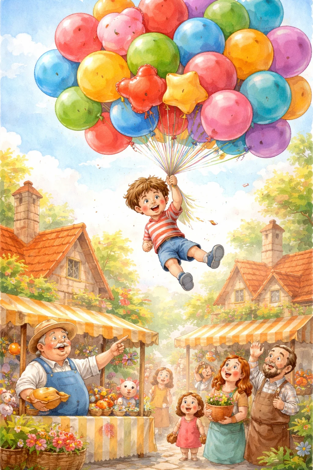 Oliver is lifted into the air by the giant bundle of balloons