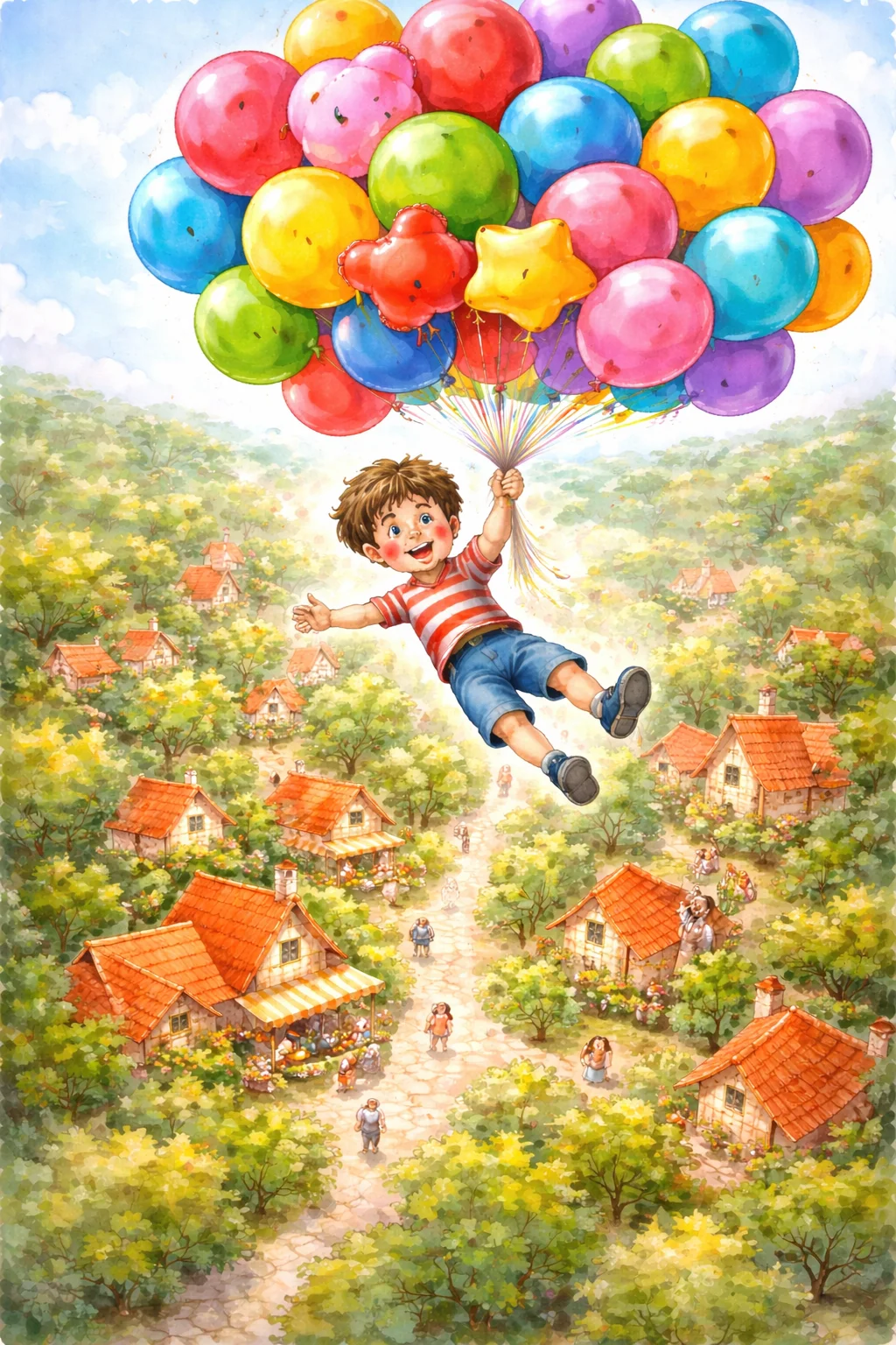 Oliver drifts high above the village rooftops and winding lanes