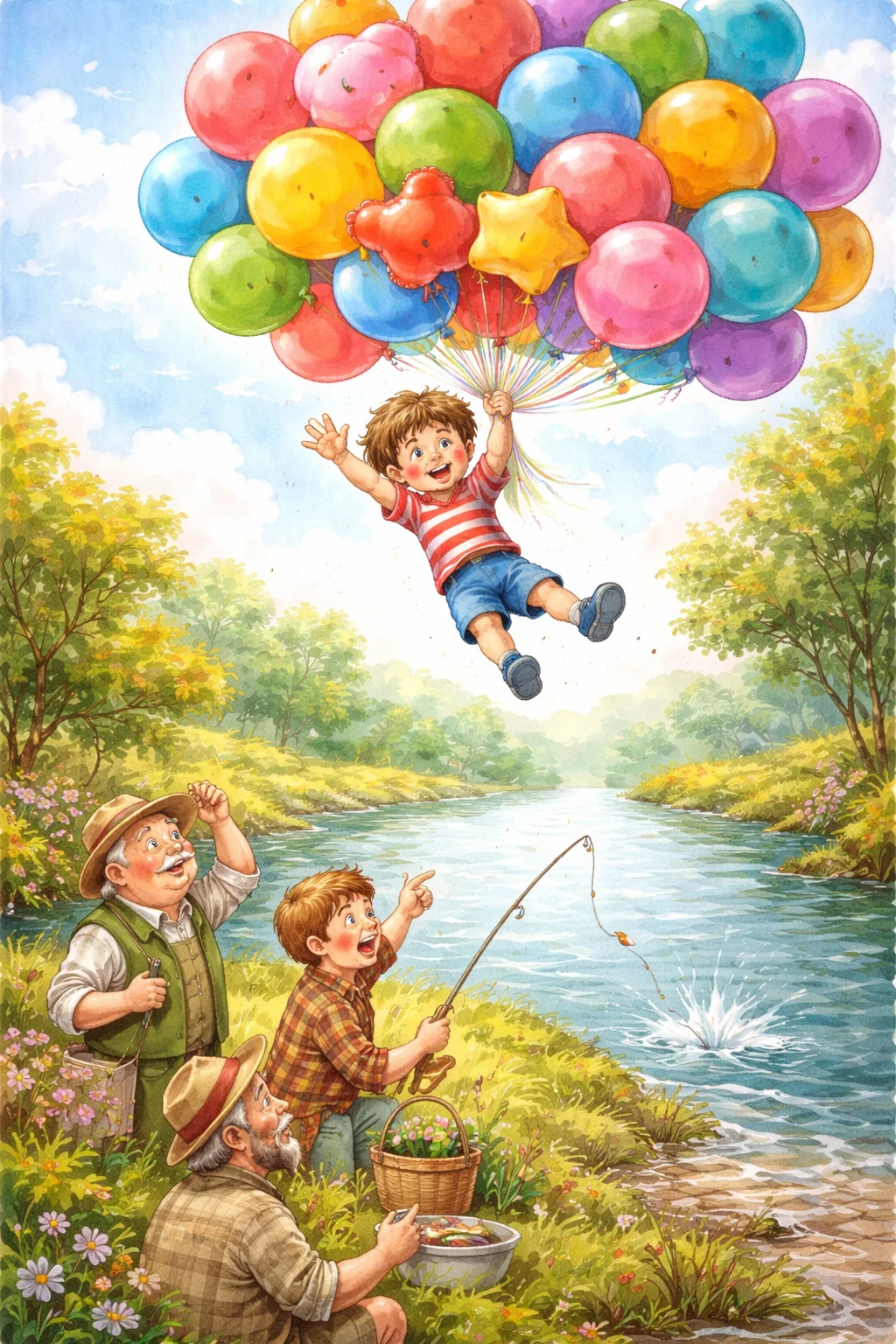 Oliver floats over the river and waves down at startled fishermen