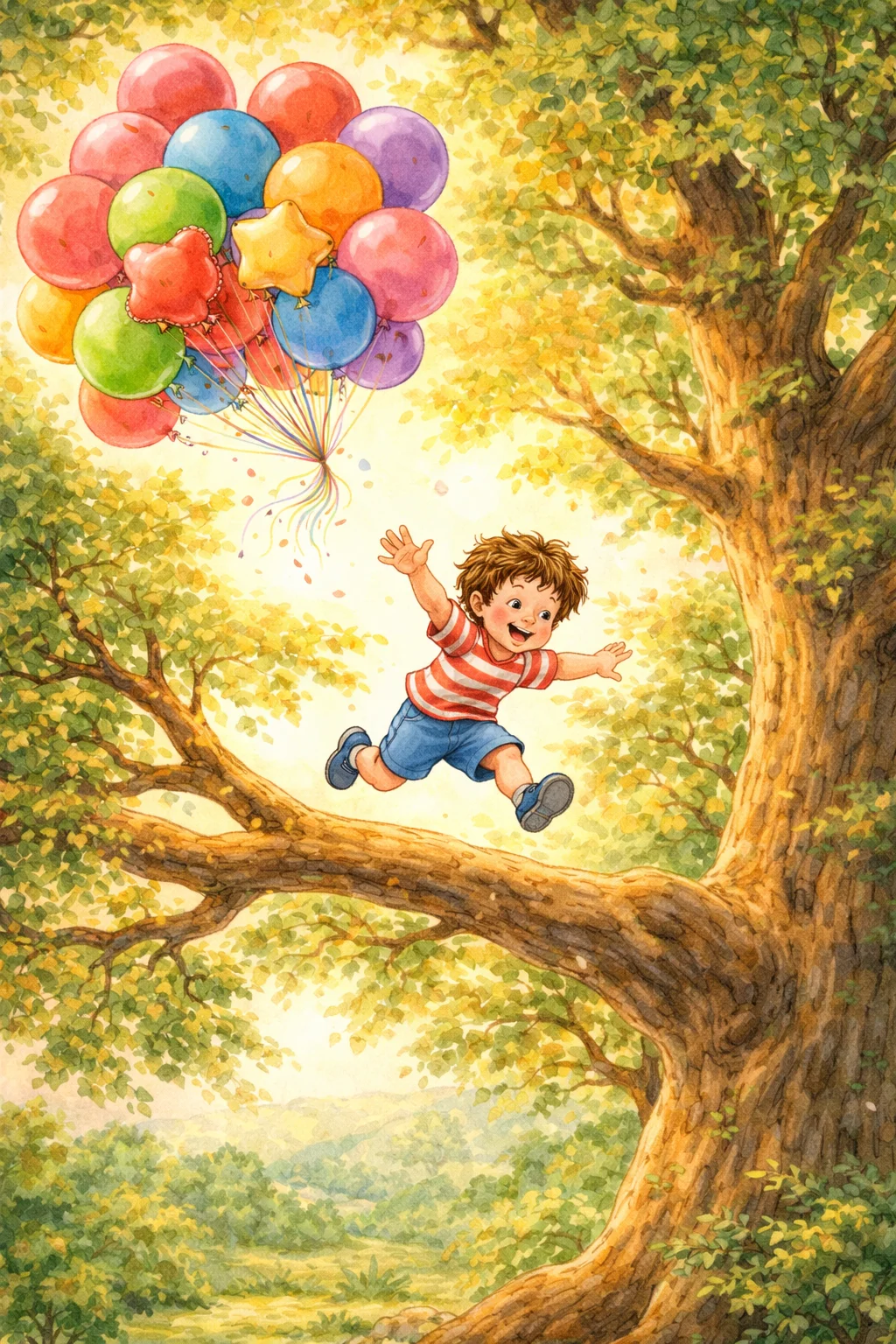 Oliver leaps from the balloon strings and lands on a sturdy Elm branch