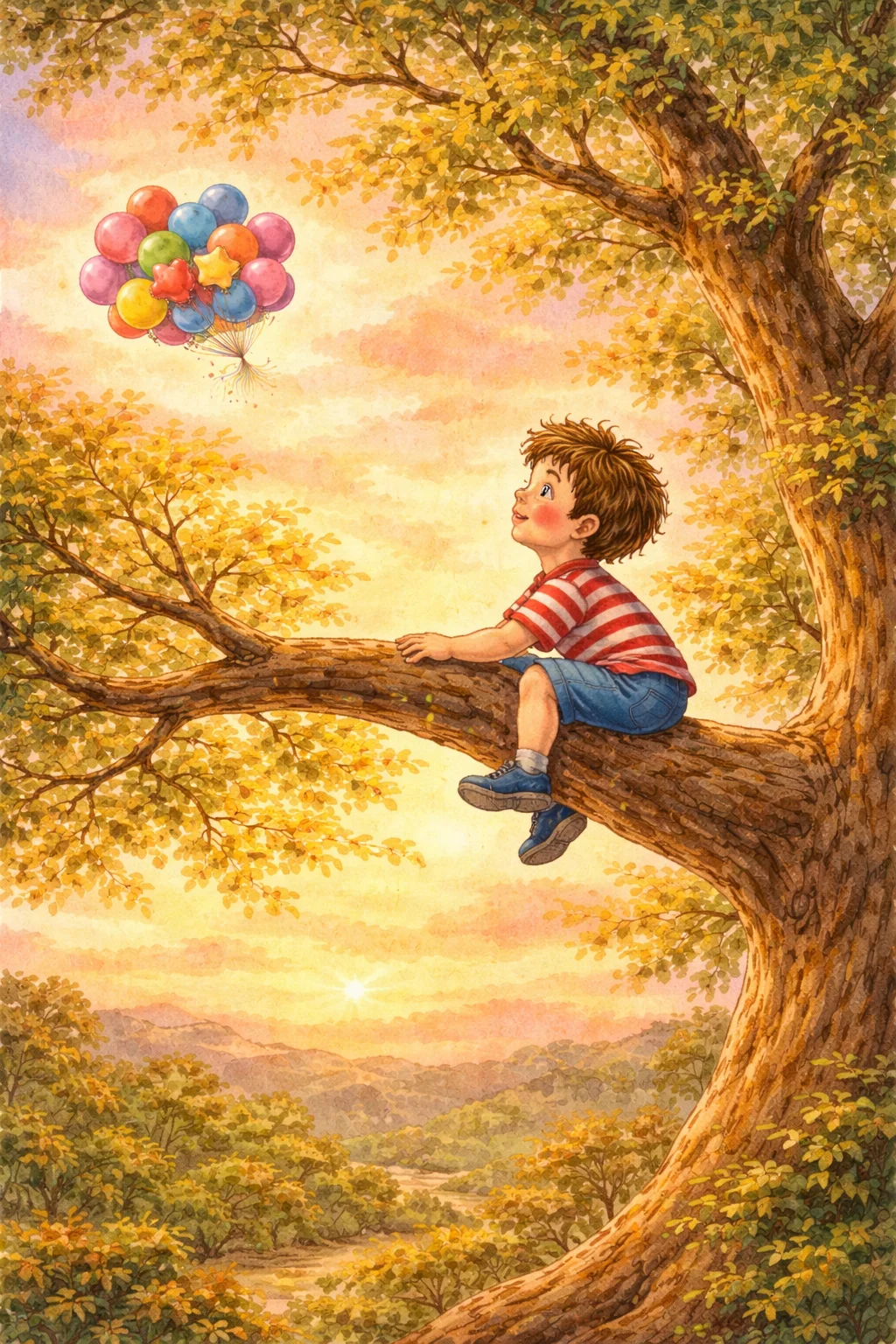 Oliver watches the balloons drift away into the evening sky