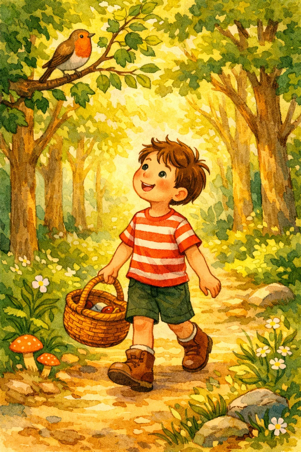 Oliver walks into the forest with his basket