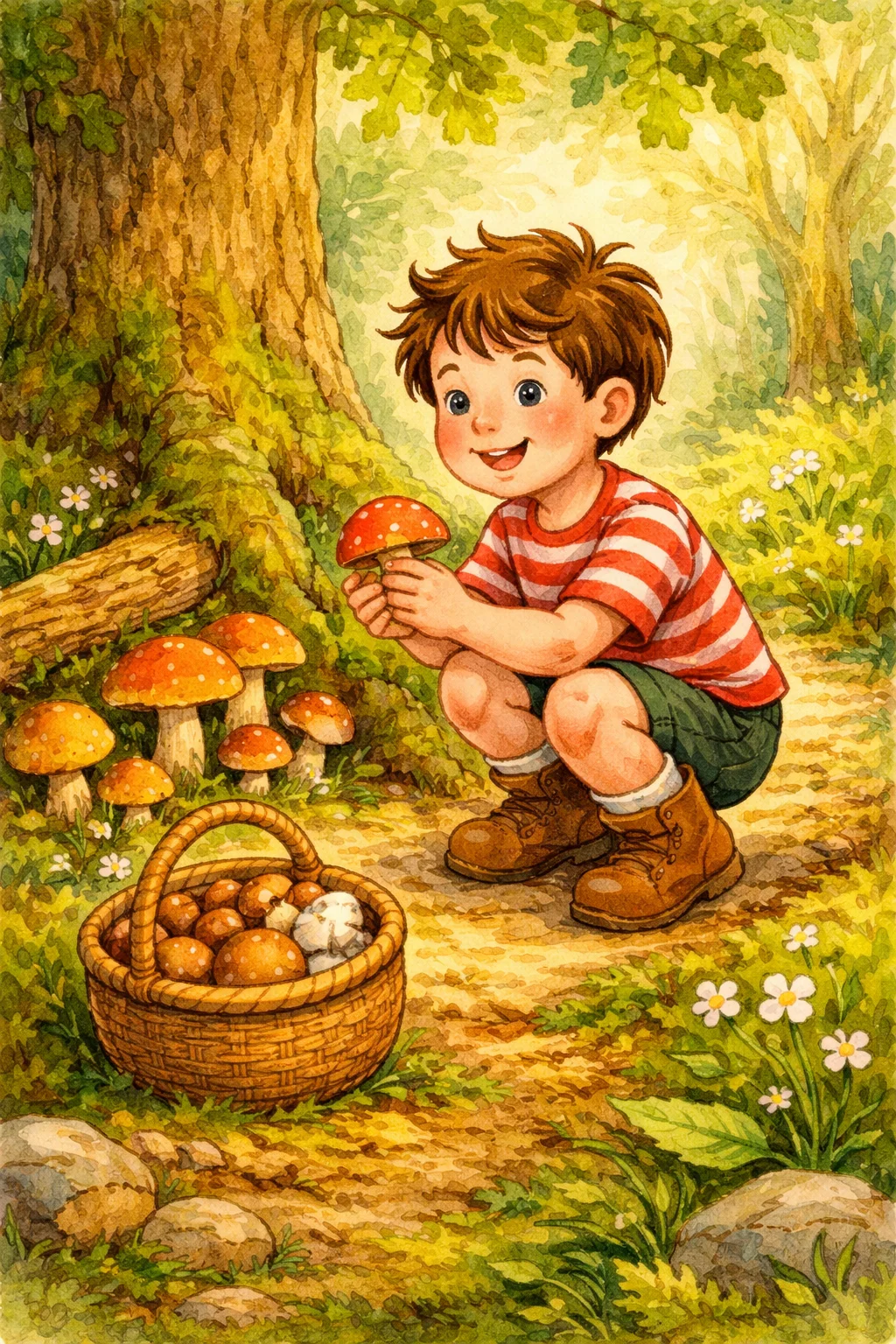 Oliver picks mushrooms with a full basket