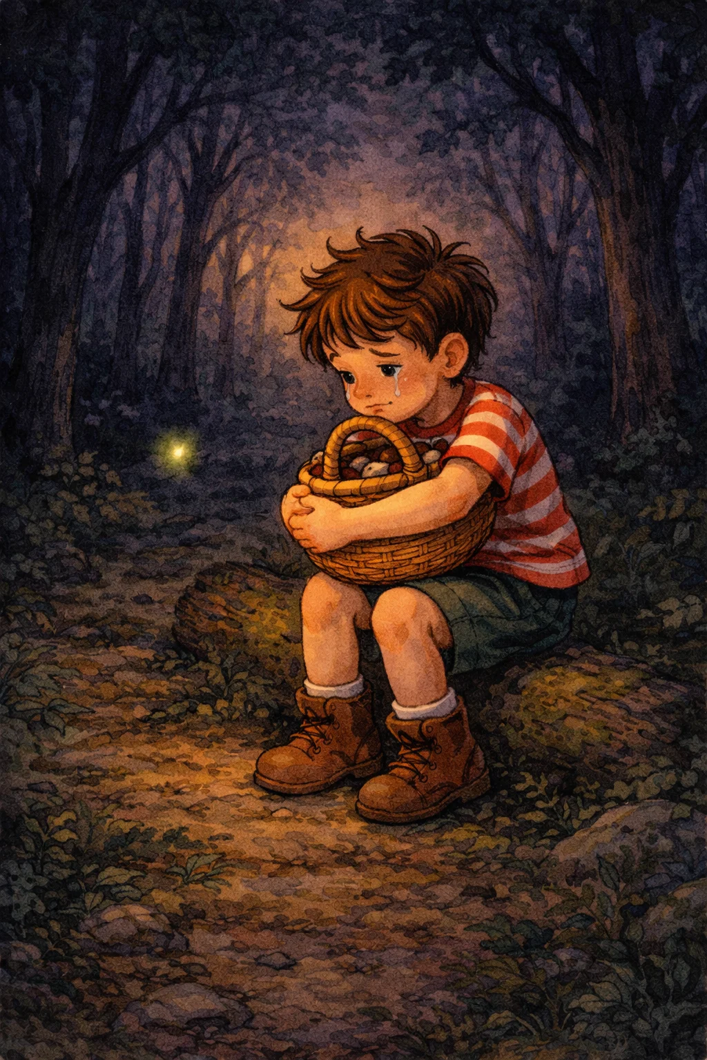 Oliver sits on a log crying as a firefly appears