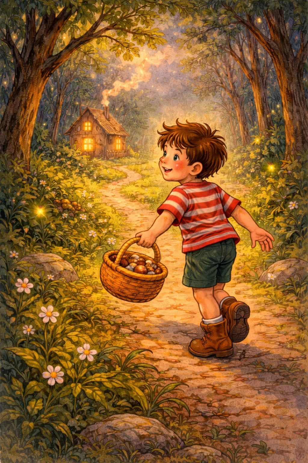 Oliver walks toward a house guided by fireflies
