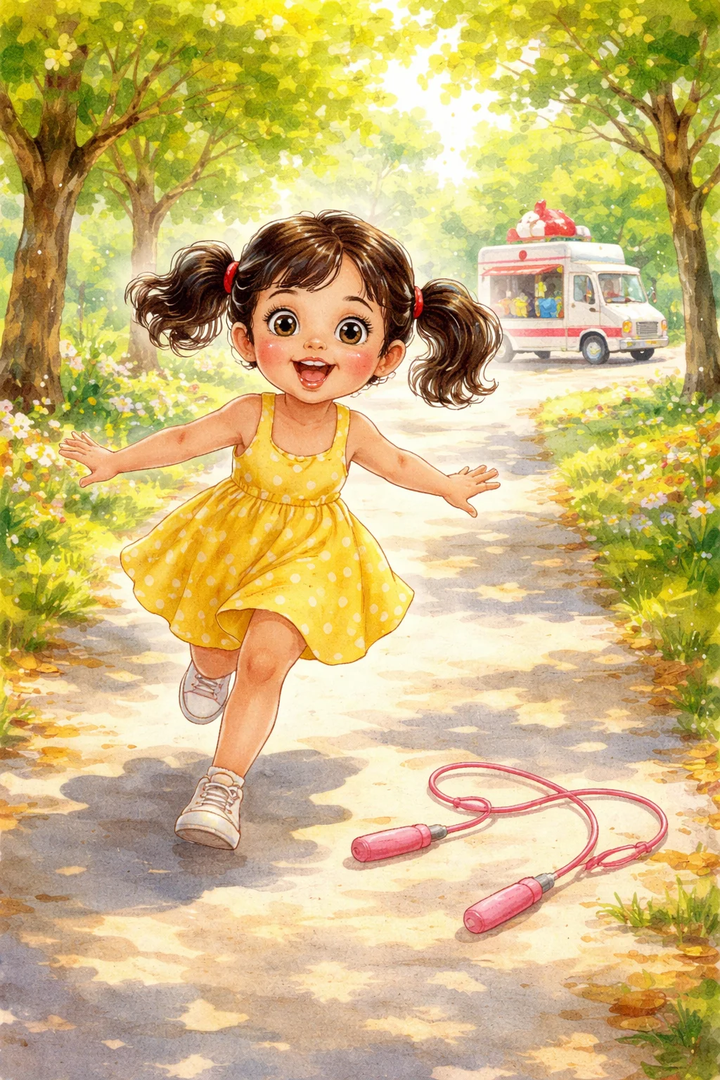 Mia drops her jump rope and runs toward the ice cream truck