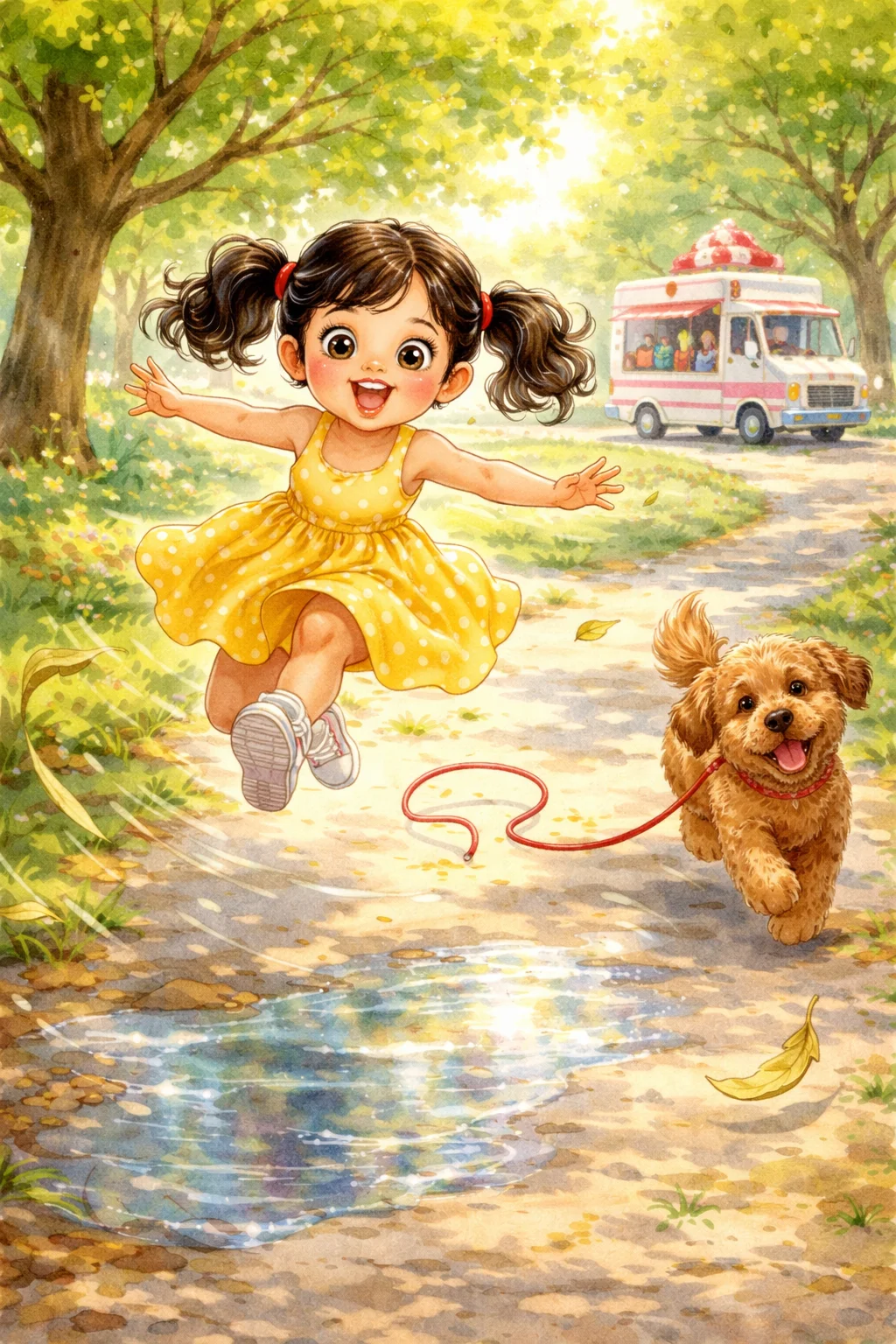 Mia chases the truck past a dog and a puddle until it stops at the corner