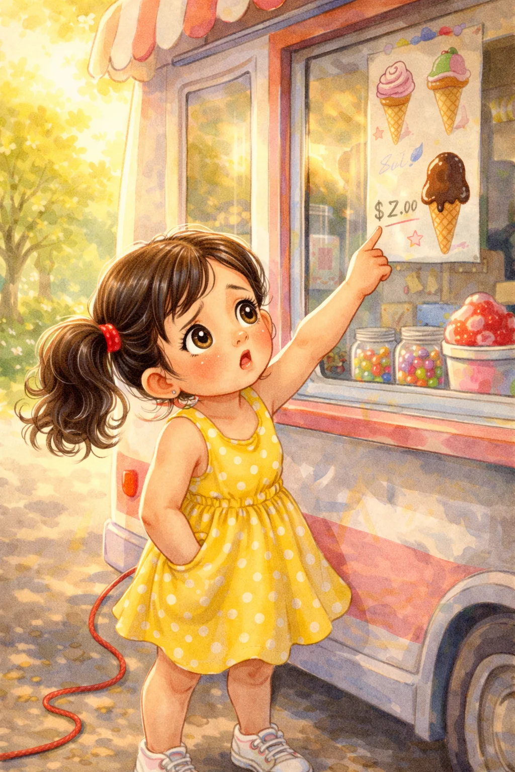 Mia points at the chocolate-dipped cone but finds only one coin in her pocket