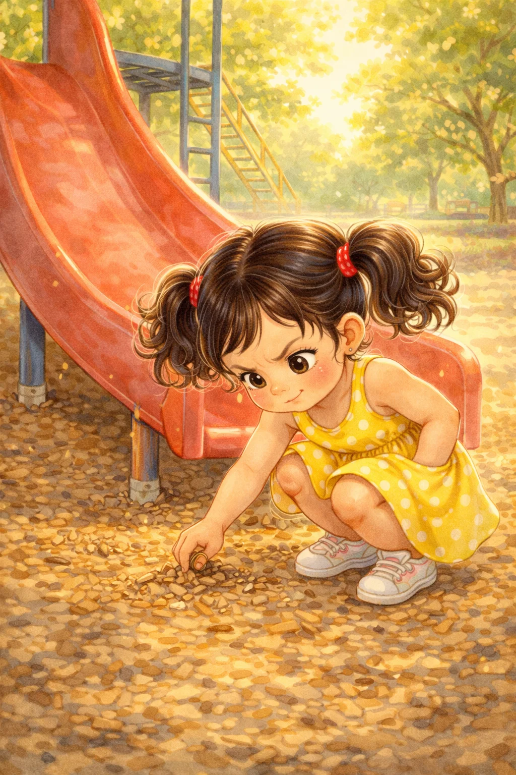 Mia searches the playground woodchips for her missing coins