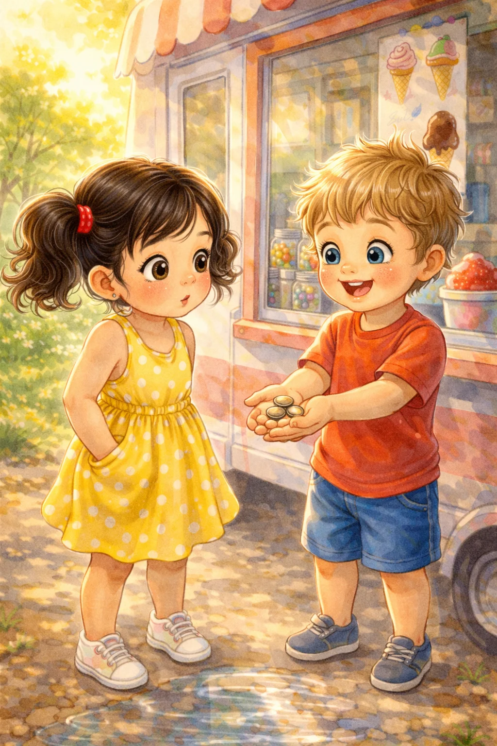 Theo arrives and offers Mia exactly enough coins to share