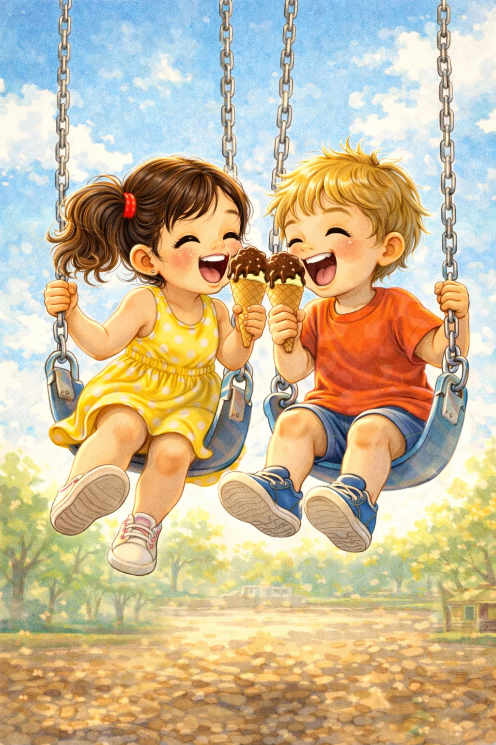Mia and Theo share chocolate-dipped cones on the swings