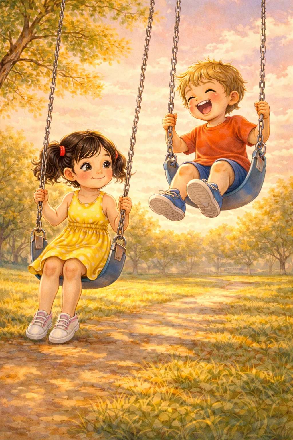 Mia glides quietly on the swing, thinking about next summer